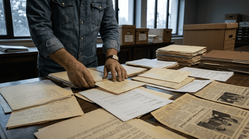 Documents and notes arranged into a timeline for a public-interest investigation