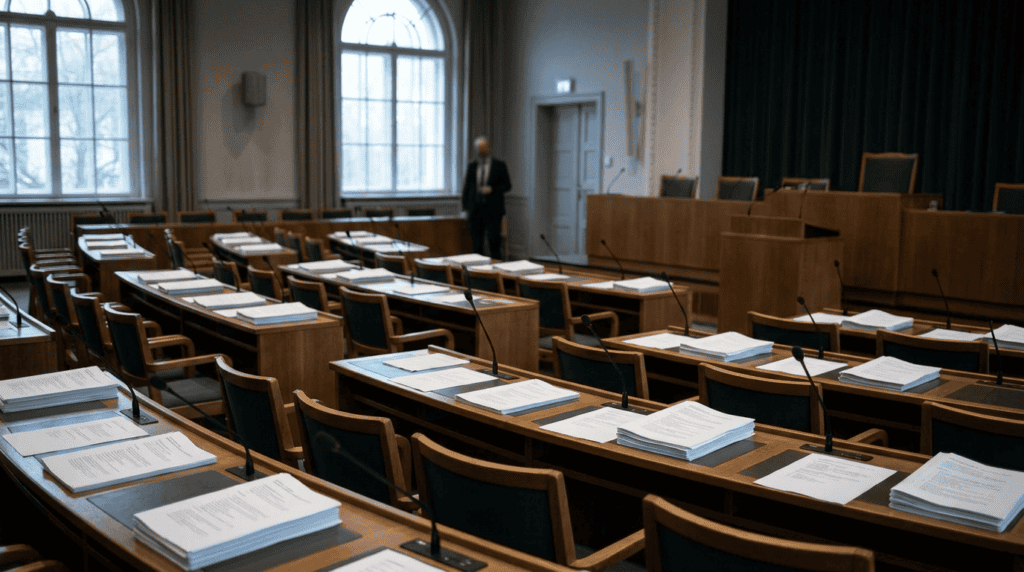 Formal public meeting room representing oversight, bureaucracy, and accountability review