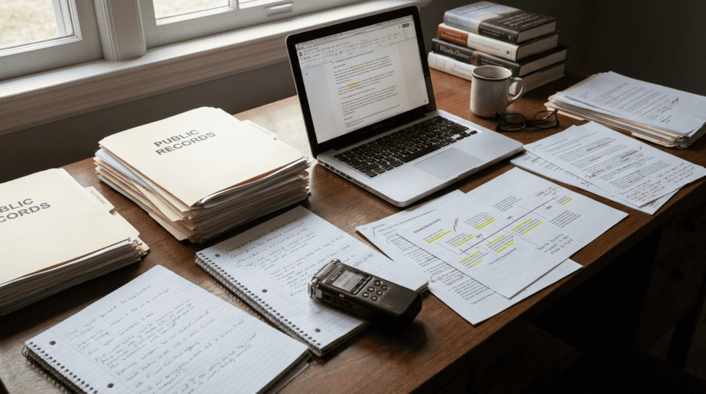 Investigative reporting workspace with notes, documents, and a recorded interview setup