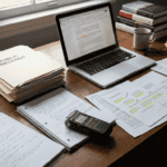 Investigative reporting workspace with notes, documents, and a recorded interview setup