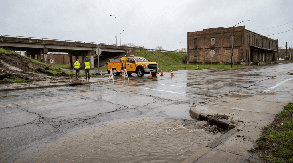 Wet street and drainage overflow representing delayed visibility of public system failures